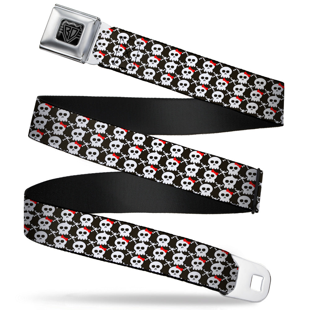 BD Wings Logo CLOSE-UP Full Color Black Silver Seatbelt Belt - Skull w/Bow Black/White/Red Webbing