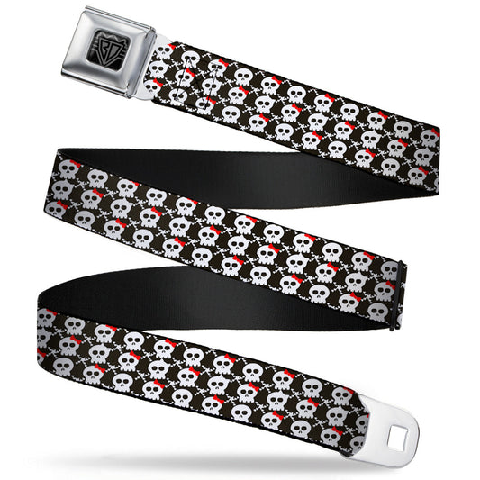 BD Wings Logo CLOSE-UP Full Color Black Silver Seatbelt Belt - Skull w/Bow Black/White/Red Webbing