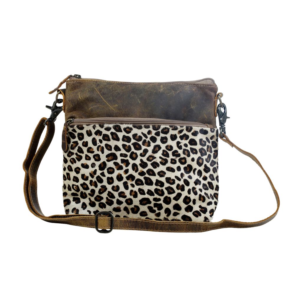 Myra Feline Hairon Leather Crossbody Bag Suede Finish, Leopard Print Front, Adjustable Strap for Everyday Chic