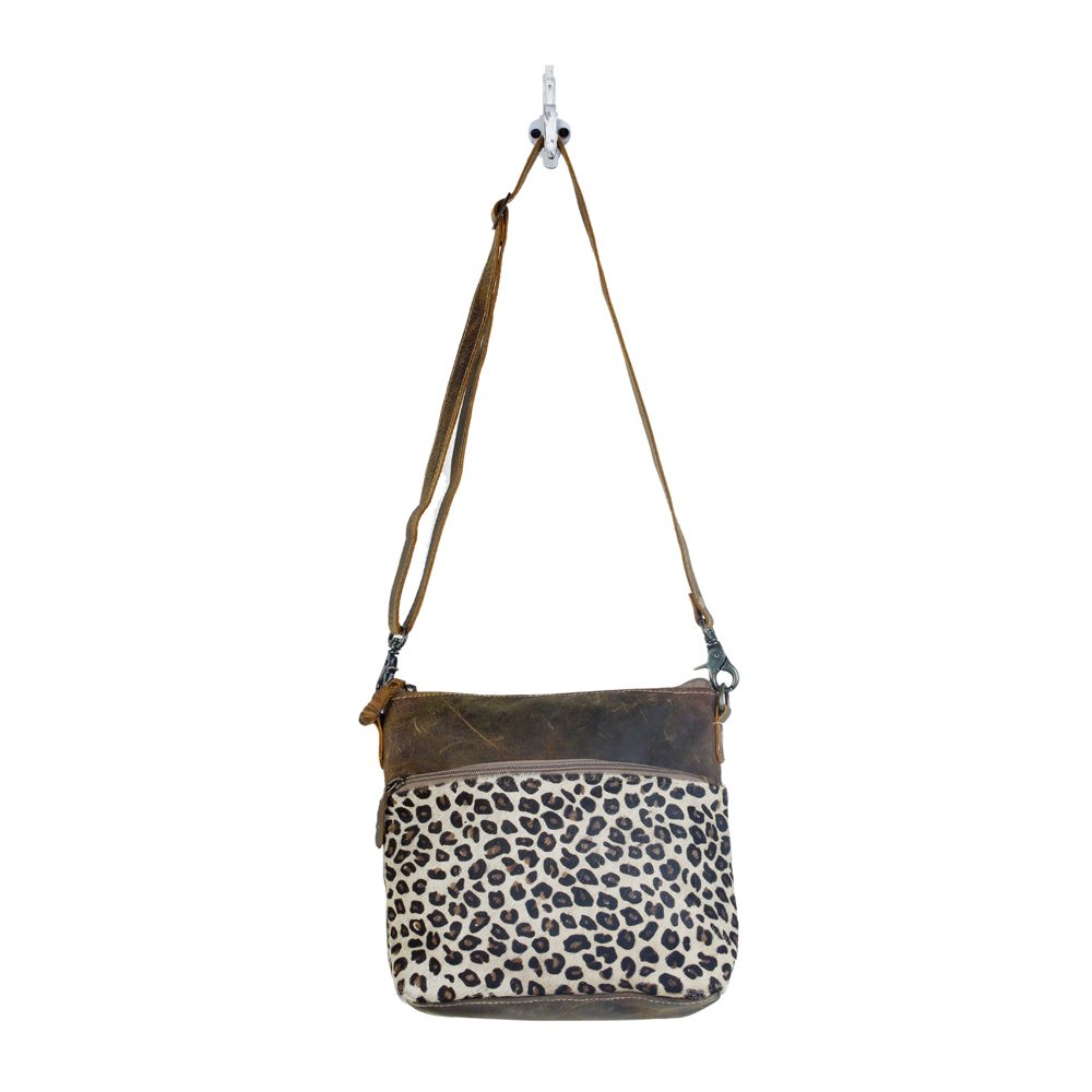 Myra Feline Hairon Leather Crossbody Bag Suede Finish, Leopard Print Front, Adjustable Strap for Everyday Chic