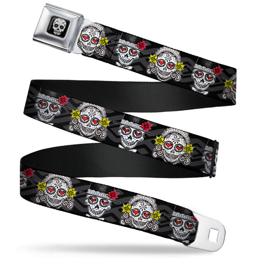 Sugar Skull Full Color Black/White/Gray Seatbelt Belt - Los Novios Black/Gray/White/Multi Color Webbing