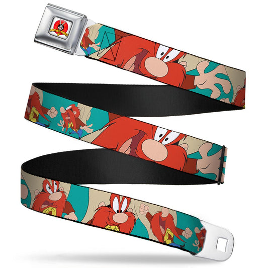 Looney Tunes Logo Full Color White Seatbelt Belt - Yosemite Sam Poses Turquoise Webbing