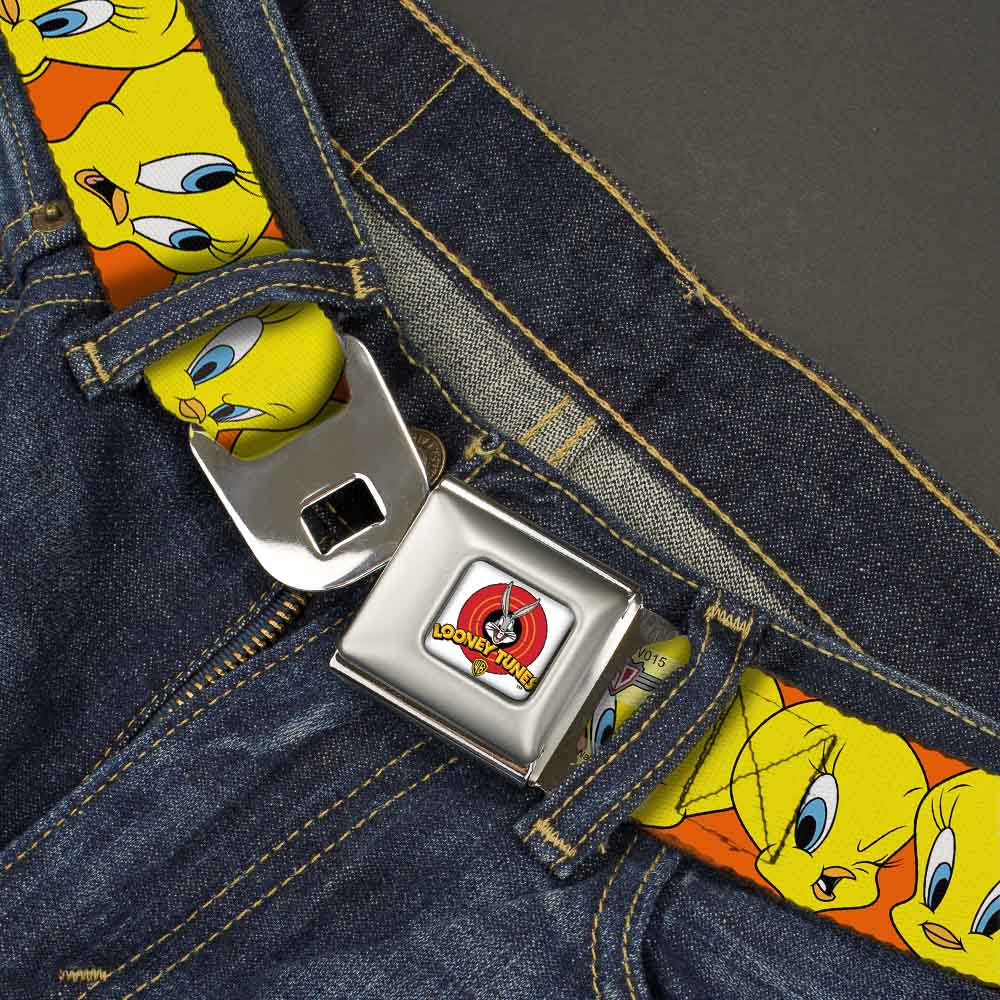 Looney Tunes Logo Full Color White Seatbelt Belt - Tweety Bird CLOSE-UP Expressions Orange Webbing