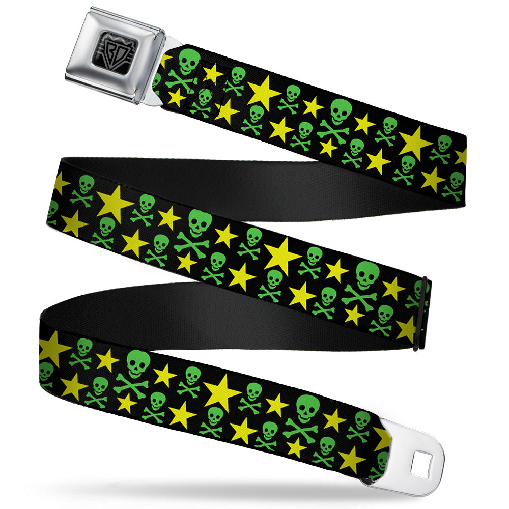 BD Wings Logo CLOSE-UP Full Color Black Silver Seatbelt Belt - Skulls & Stars Black/Green/Yellow Webbing