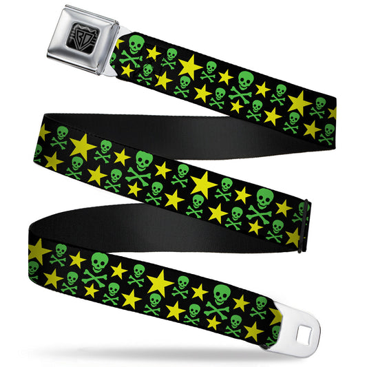 BD Wings Logo CLOSE-UP Full Color Black Silver Seatbelt Belt - Skulls & Stars Black/Green/Yellow Webbing