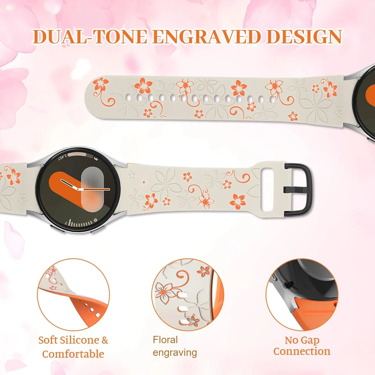 Samsung Galaxy Watch 7, 6, 5, 4 & FE 20mm Floral Silicone Band