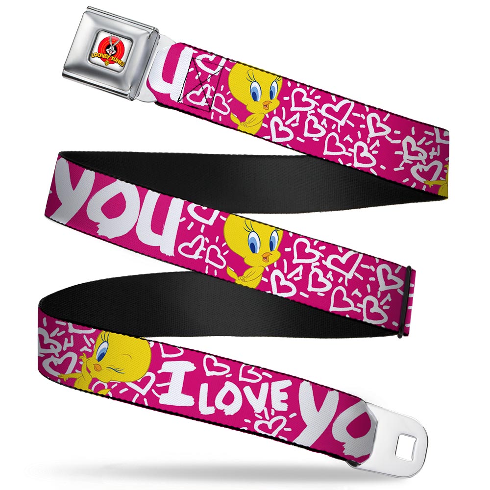 Looney Tunes Logo Full Color White Seatbelt Belt - Tweety Bird I LOVE YOU Fuchsia/White Webbing