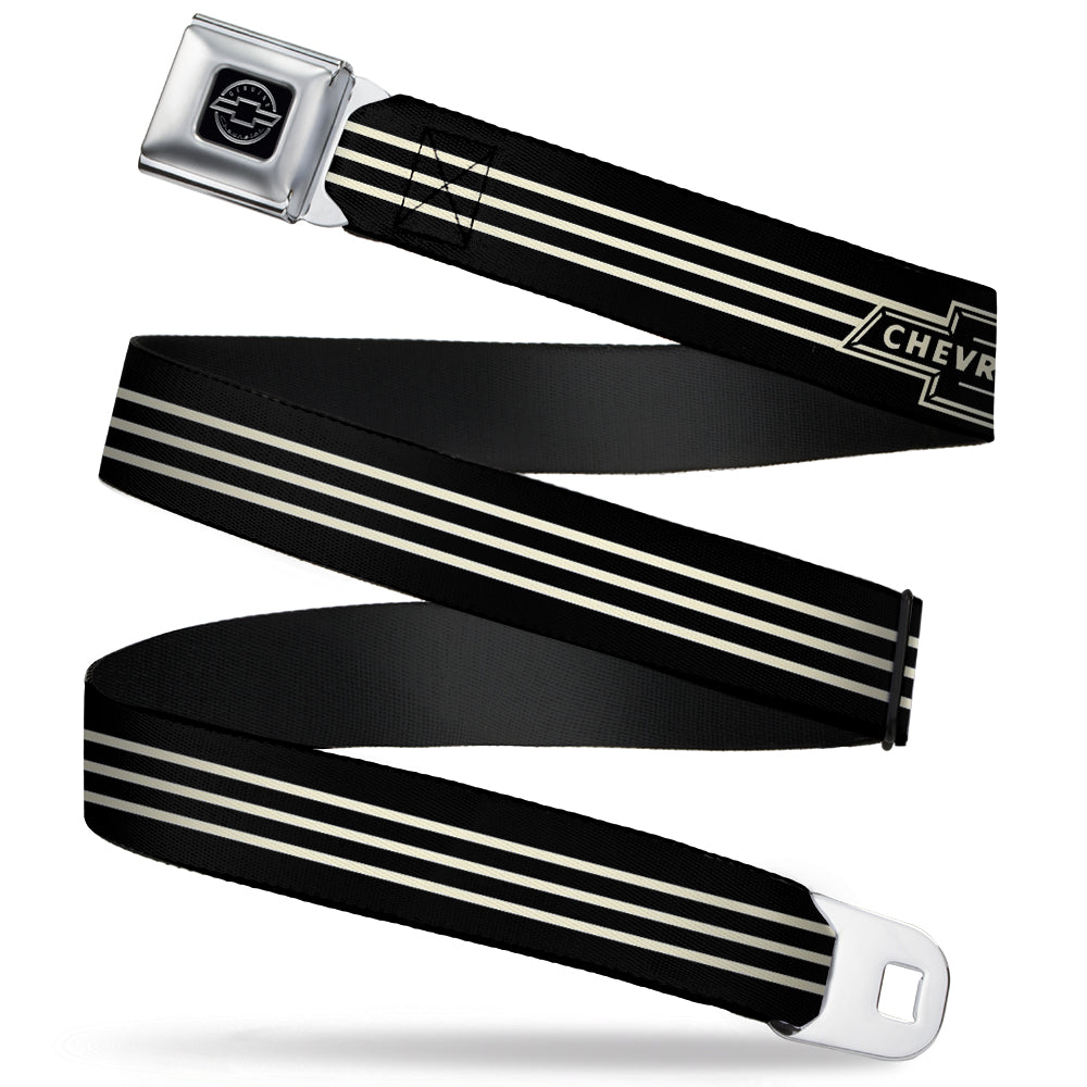Chevy Seatbelt Belt - Vintage CHEVROLET Bowtie 3-Stripe Black/Ivory (1934 logo) Webbing