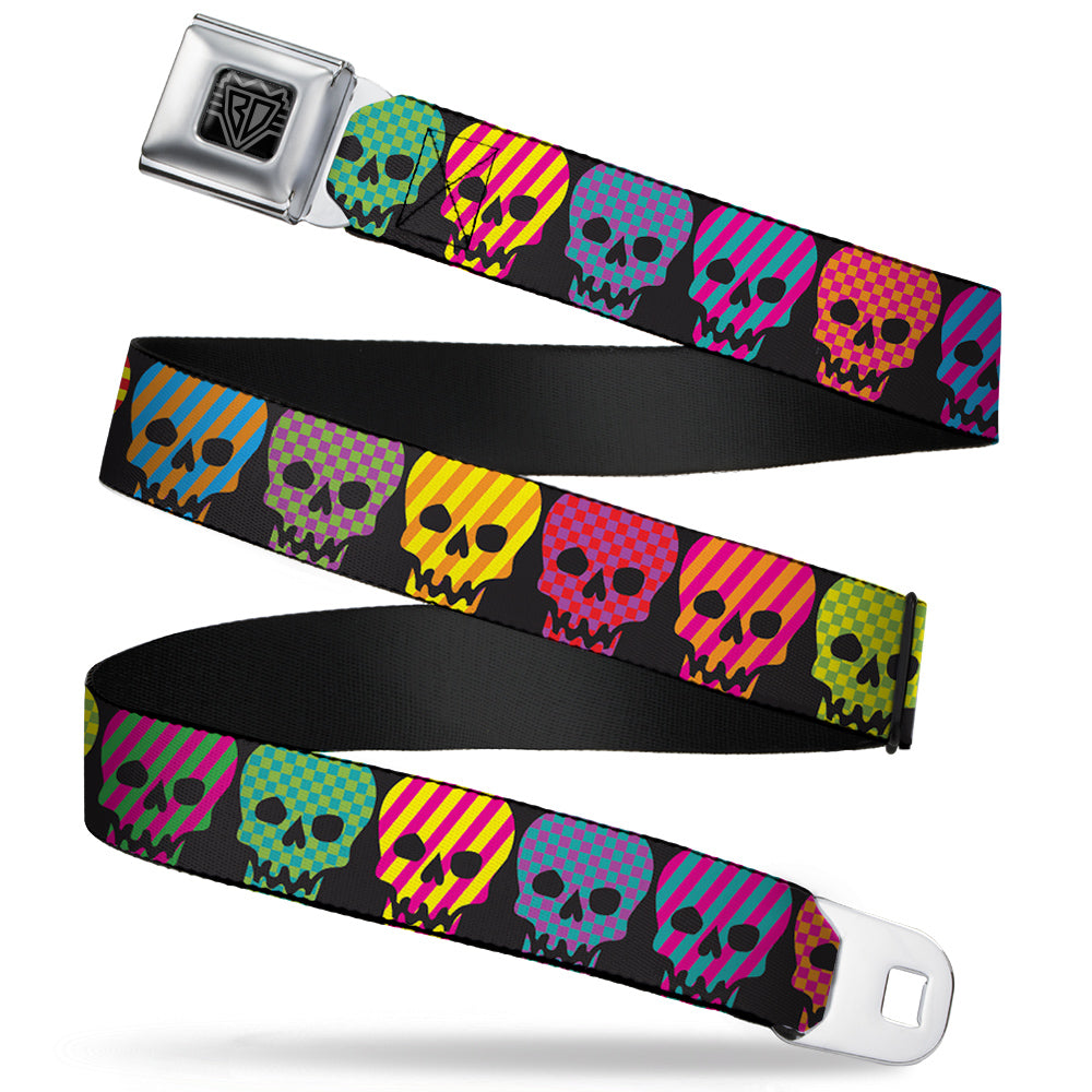 BD Wings Logo CLOSE-UP Full Color Black Silver Seatbelt Belt - Checker & Stripe Skulls Black/Multi Neon Webbing