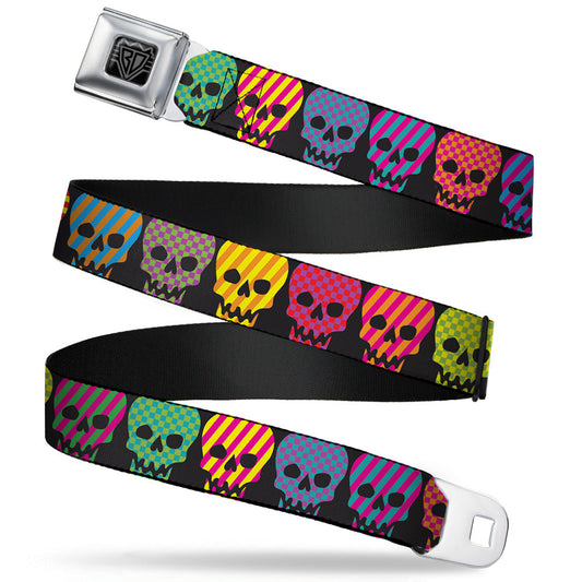 BD Wings Logo CLOSE-UP Full Color Black Silver Seatbelt Belt - Checker & Stripe Skulls Black/Multi Neon Webbing