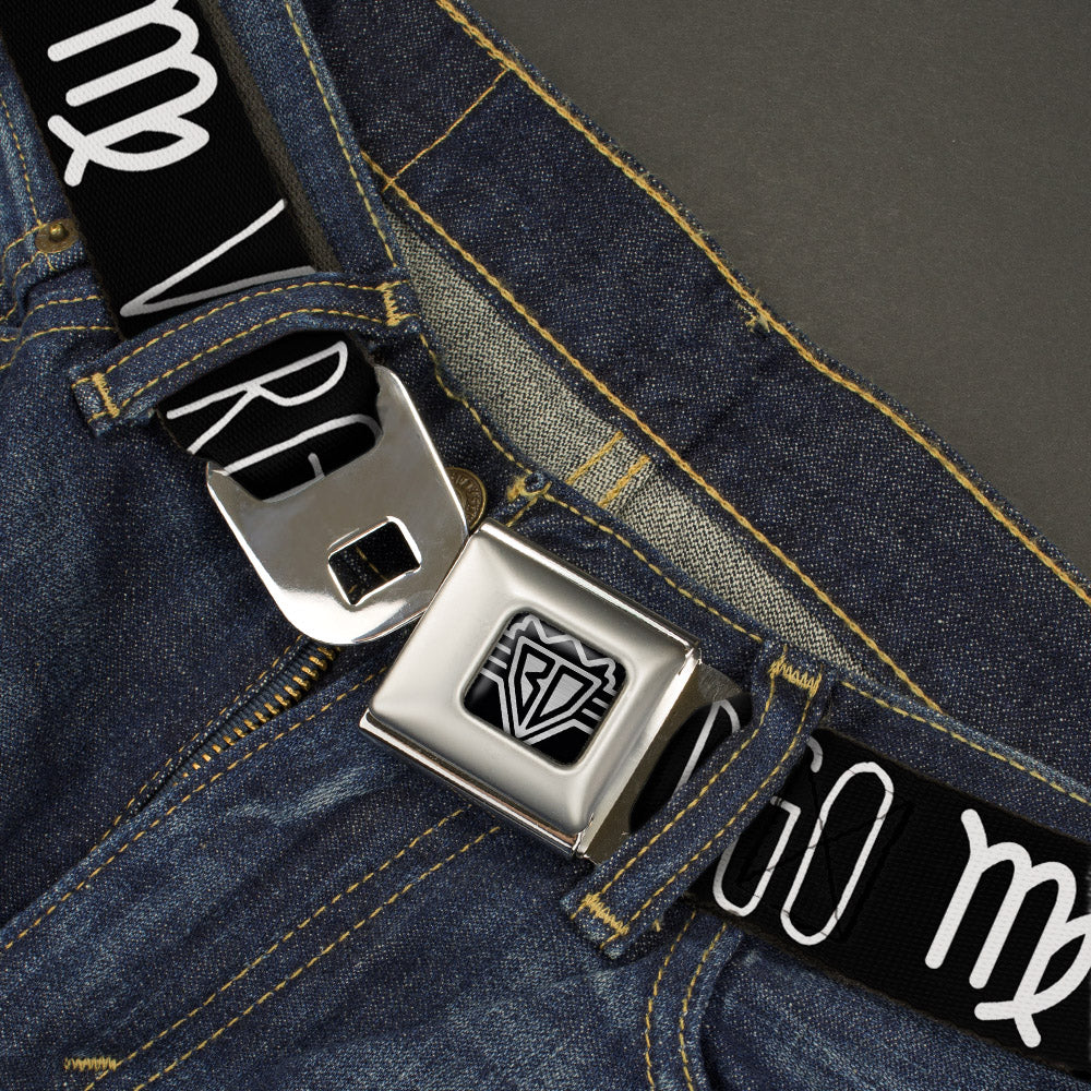 BD Wings Logo CLOSE-UP Full Color Black Silver Seatbelt Belt - Zodiac VIRGO/Symbol Black/White Webbing