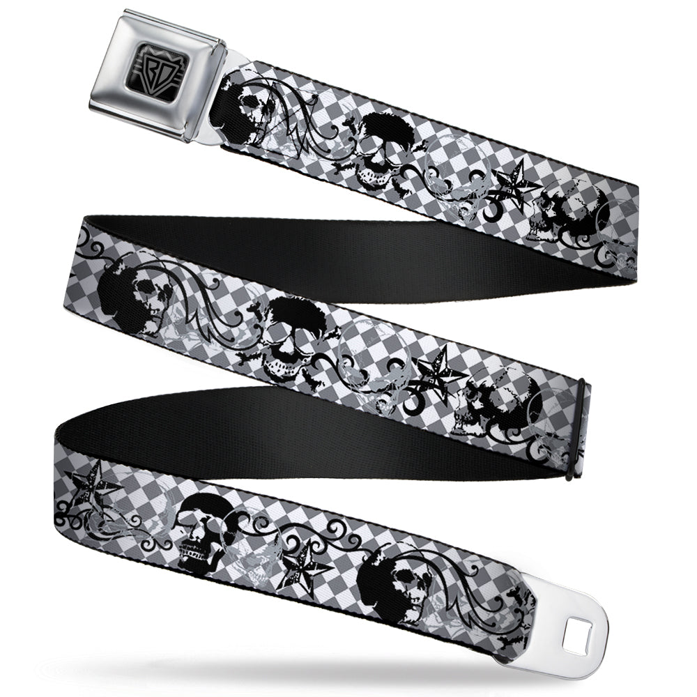 BD Wings Logo CLOSE-UP Full Color Black Silver Seatbelt Belt - Diamonds White/Gray w/Skulls Webbing