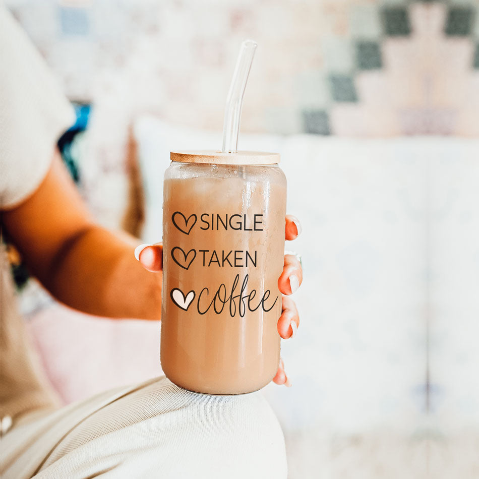20oz Coffee Glass Cup With Bamboo Lid - Single Taken Coffee Heart Design