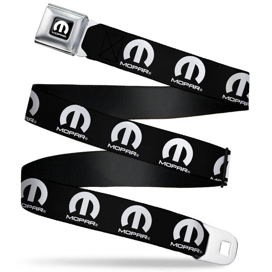 MOPAR Logo Full Color Black/White Seatbelt Belt - MOPAR Logo Repeat Black/White Webbing