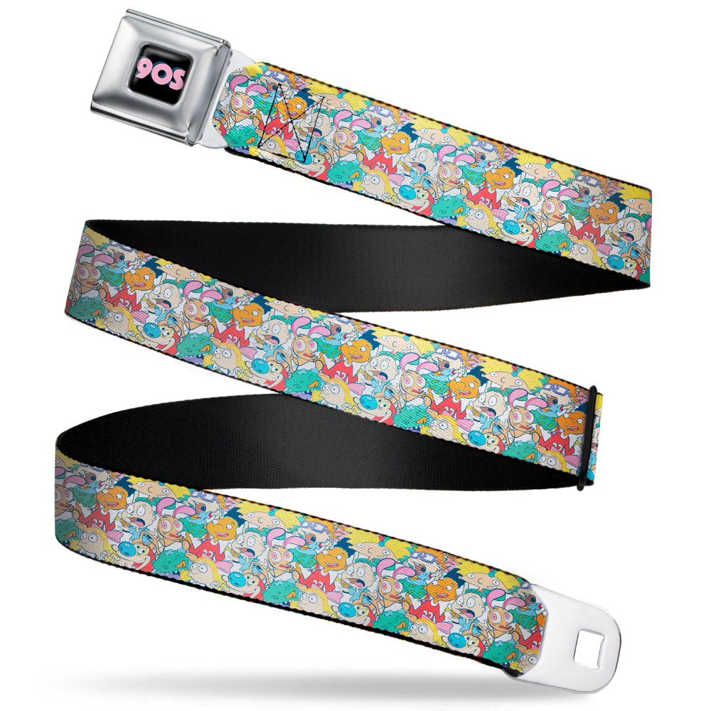 Nick 90'S Rewind Icon Full Color Black/Blue/Pink Seatbelt Belt - Nick 90's Rewind 8-Character Mash Up Collage White Webbing