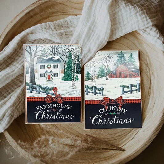Vintage Christmas Blocks Set With Red Truck Snow Scene Buffalo Check Bow Farmhouse Holiday Decor