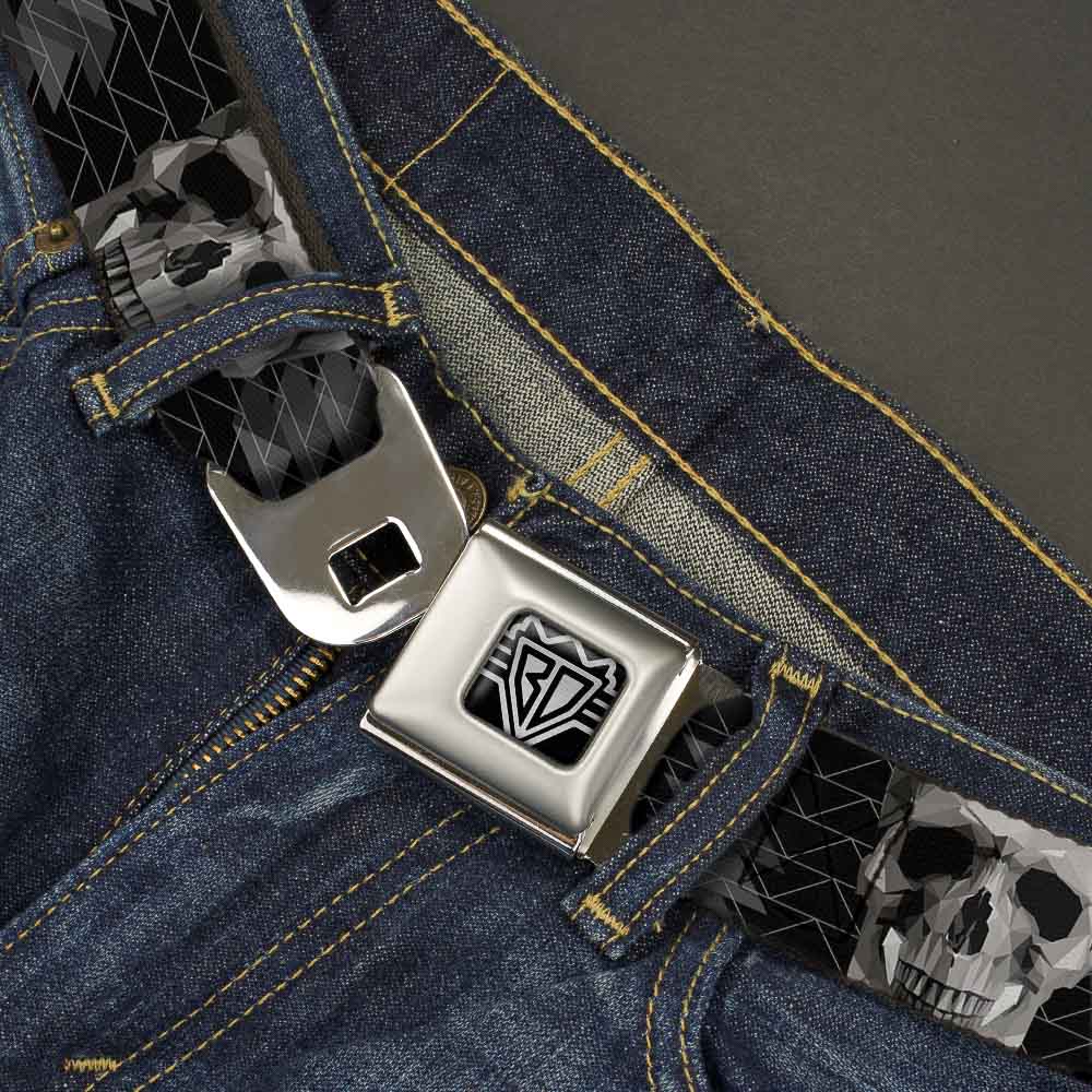 BD Wings Logo CLOSE-UP Full Color Black Silver Seatbelt Belt - Geometric 3-D Skull Face/Chevron Black/Grays/White Webbing