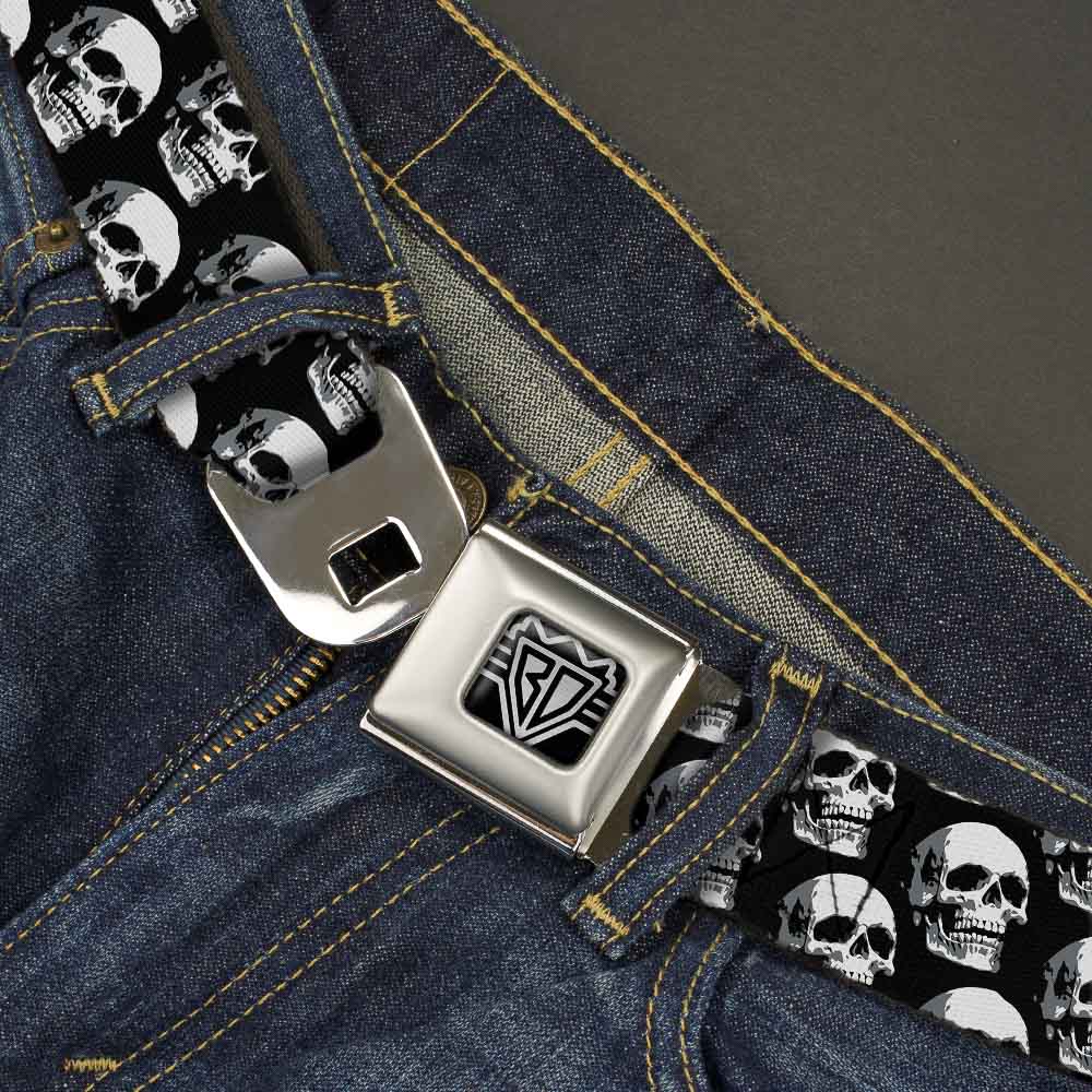 BD Wings Logo CLOSE-UP Full Color Black Silver Seatbelt Belt - 3-D Skulls Repeat Black/Grays/White Webbing