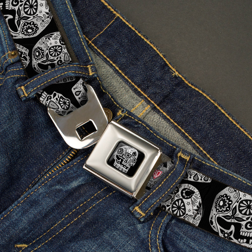 The Dust of Living II Skull Full Color Black/White Seatbelt Belt - The Dust of Living II Sugar Skulls Black/White Webbing