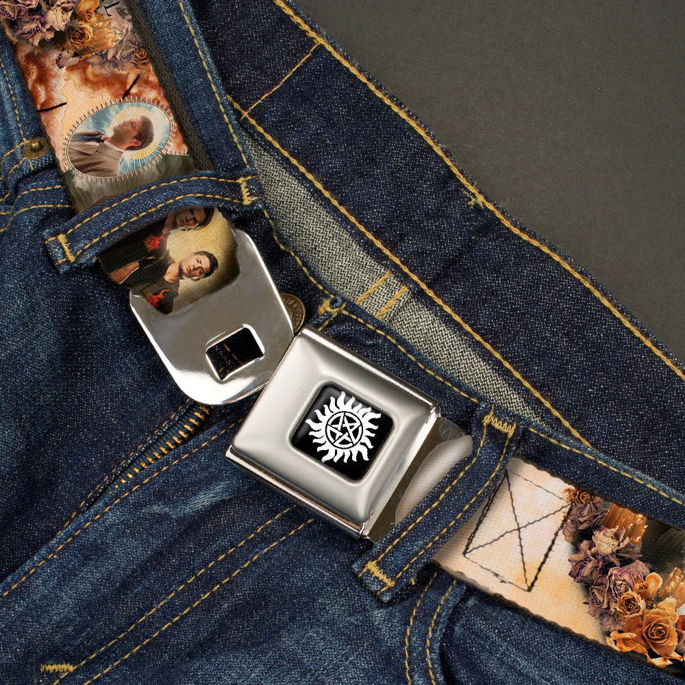 Winchester Logo Full Color Black White Seatbelt Belt - SUPERNATURAL 4-Character Saintly Icons/Skull & Roses Webbing