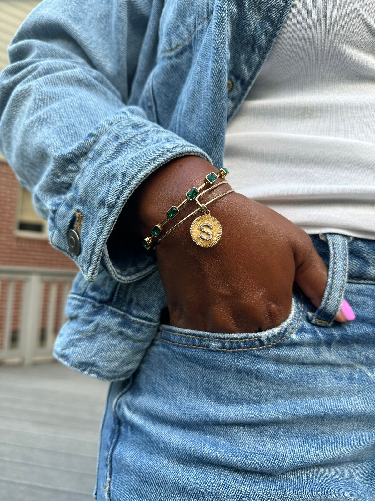 Initial S Pave Starburst Texture Bangle
