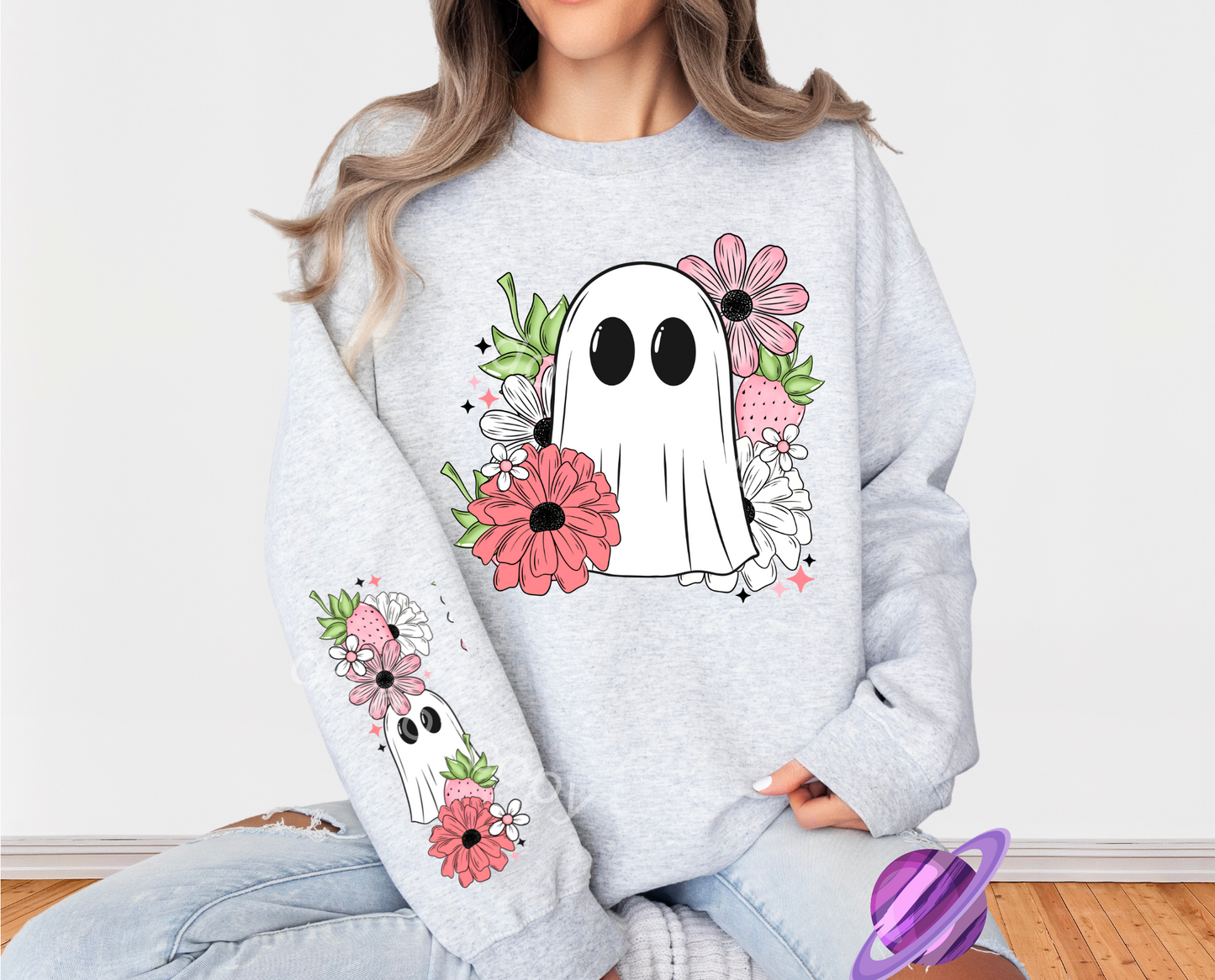 STRAWBERRY GHOST CREWNECK SWEATSHIRT W/ SLEEVE PRINT