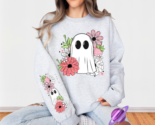 STRAWBERRY GHOST CREWNECK SWEATSHIRT W/ SLEEVE PRINT