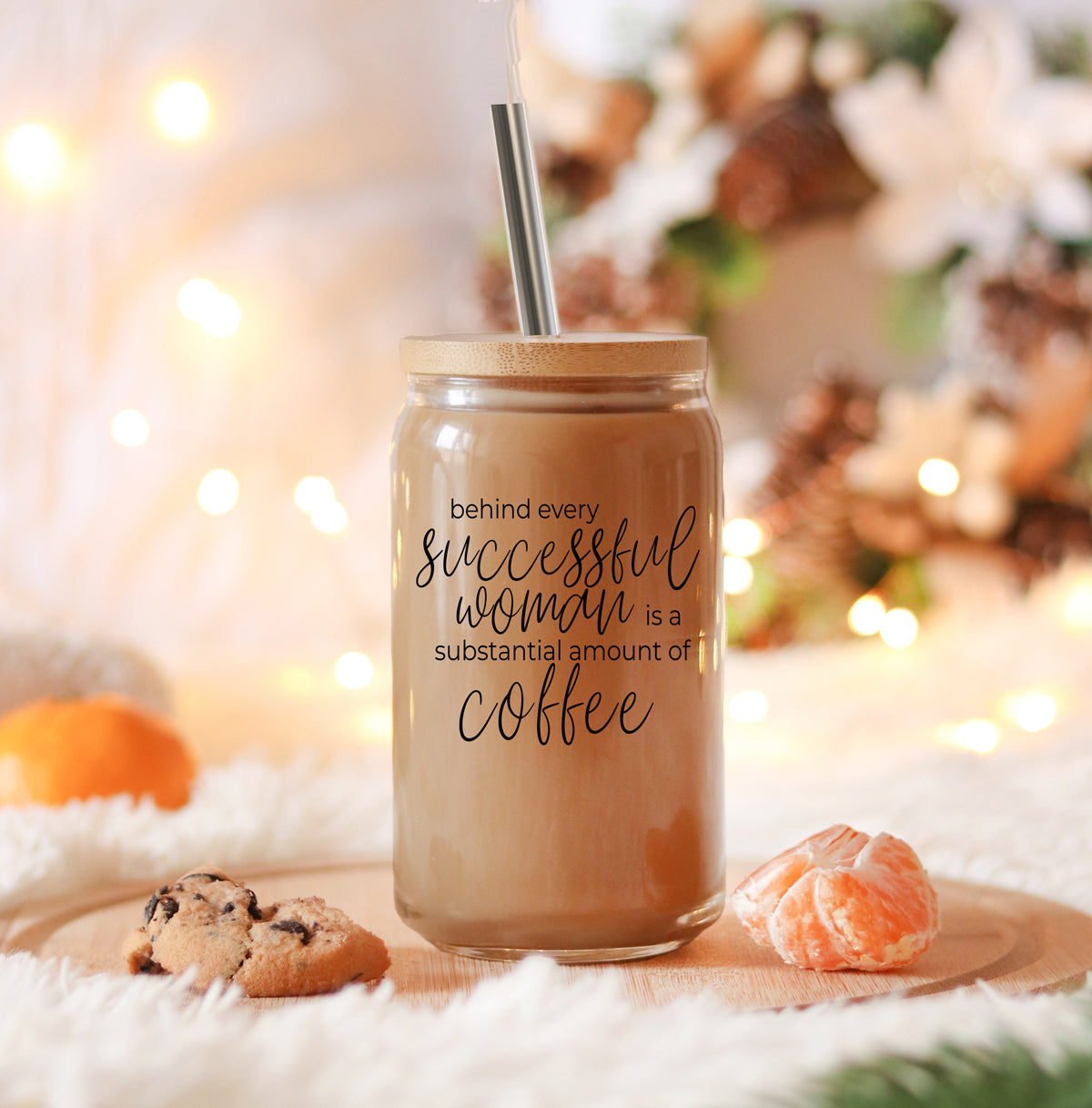 17oz Glass Tumbler Bamboo Lid Stainless Straws - Coffee Quote For Women