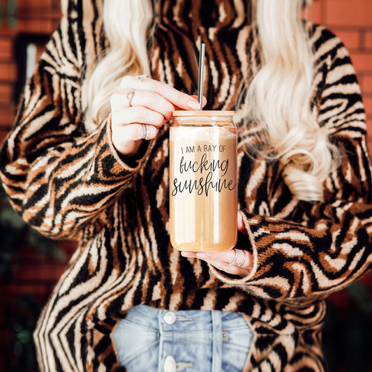 17oz Glass Tumbler With Bamboo Lid, 2 Stainless Straws and Cleaner, Sassy