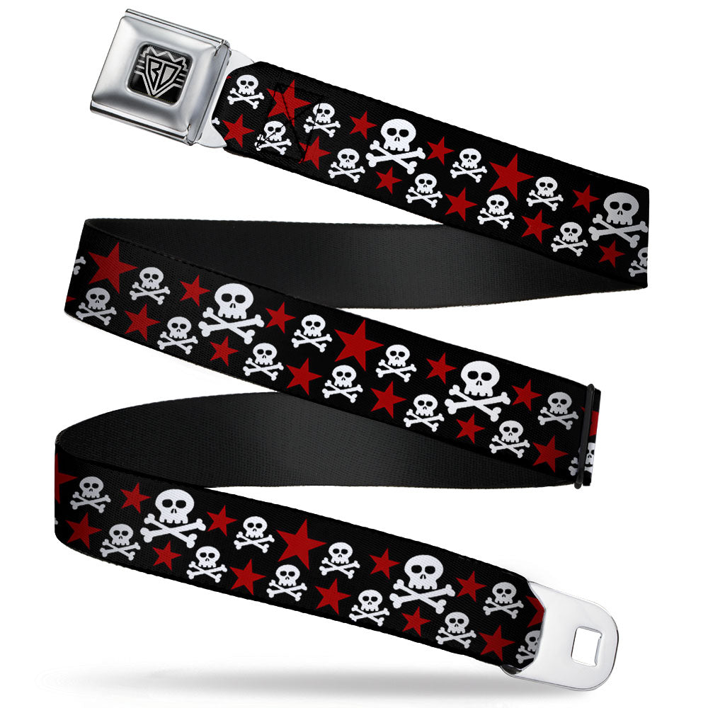 BD Wings Logo CLOSE-UP Full Color Black Silver Seatbelt Belt - Skulls & Stars Black/White/Red Webbing