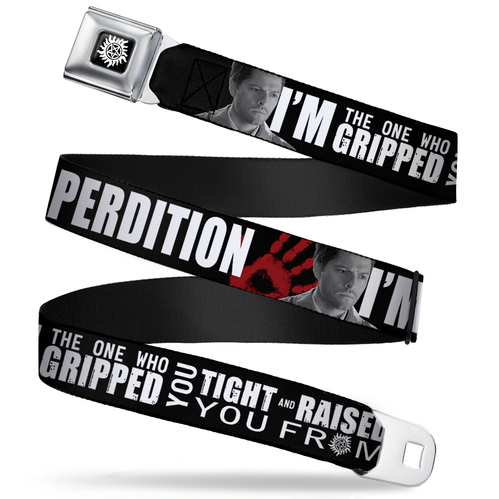 Winchester Logo Full Color Black White Seatbelt Belt - Castiel/Hand Print RAISED FROM PERDITION Black/Red/Grays/White Webbing