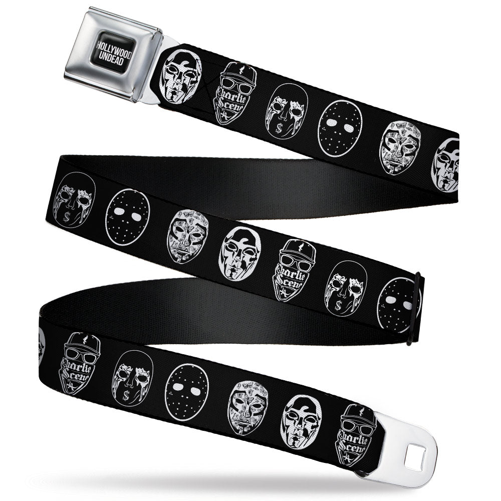 HOLLYWOOD UNDEAD Text Logo Full Color Black/White Seatbelt Belt - Hollywood Undead Mask Icons Scattered Black/White Webbing