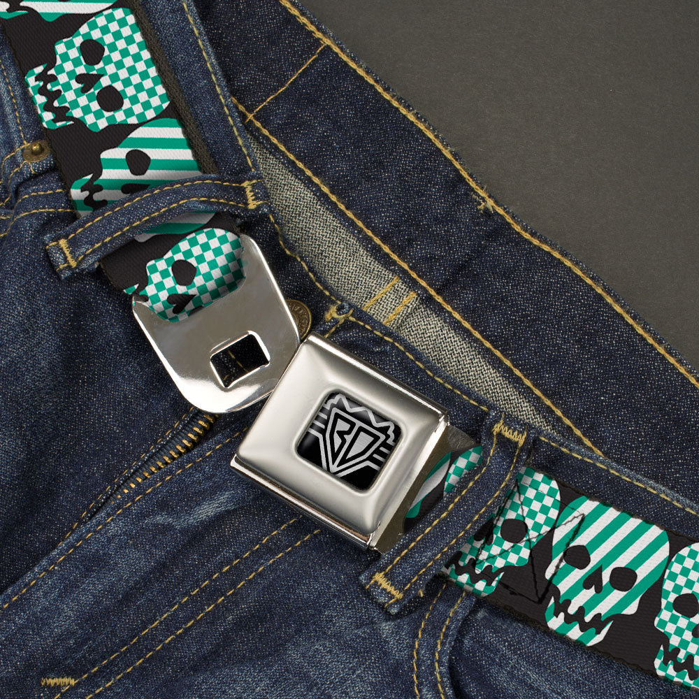 BD Wings Logo CLOSE-UP Full Color Black Silver Seatbelt Belt - Checker & Stripe Skulls Black/White/Green Webbing