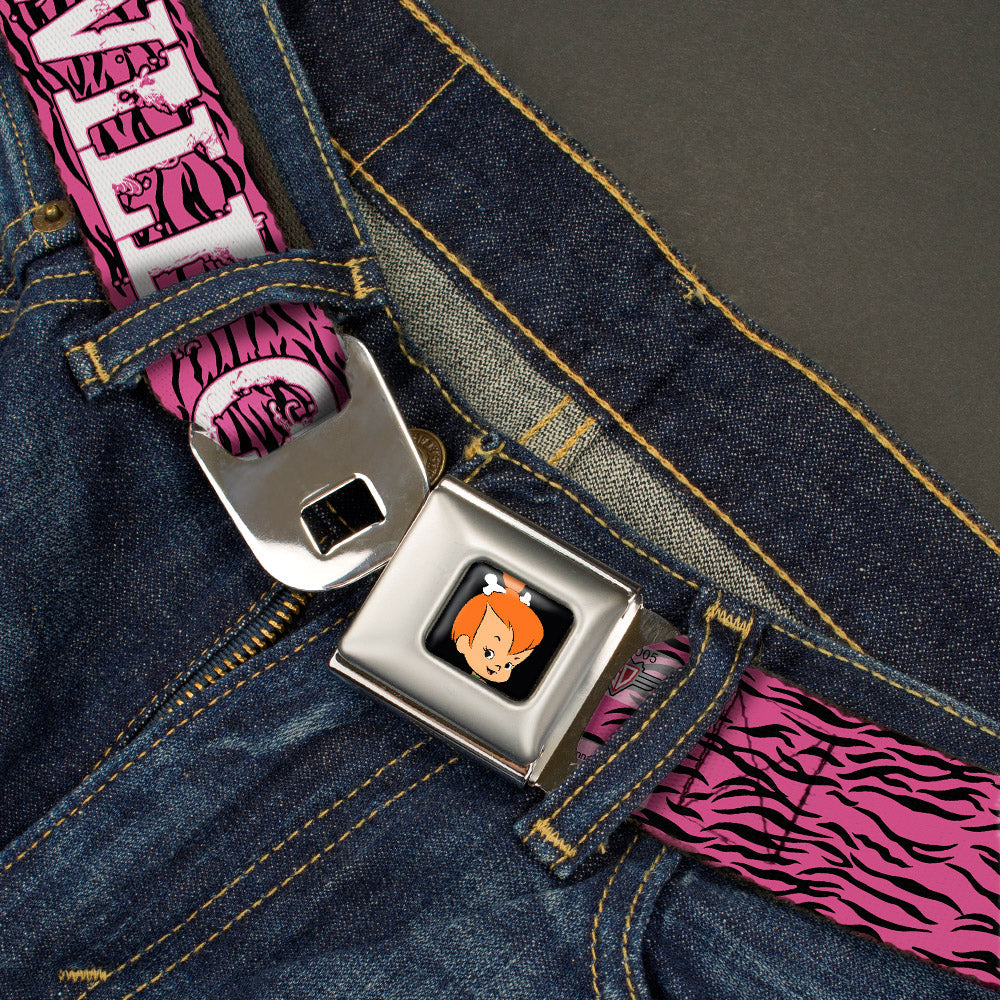 Pebbles Face1 Full Color Black Seatbelt Belt - Pebbles Face/Pose WILD CHILD Pink/Black/White Webbing
