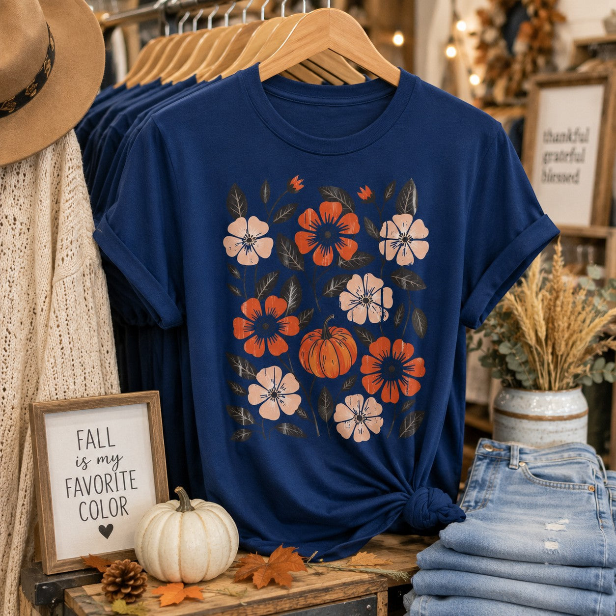 Flowers and Pumpkins Adult Graphic Tee
