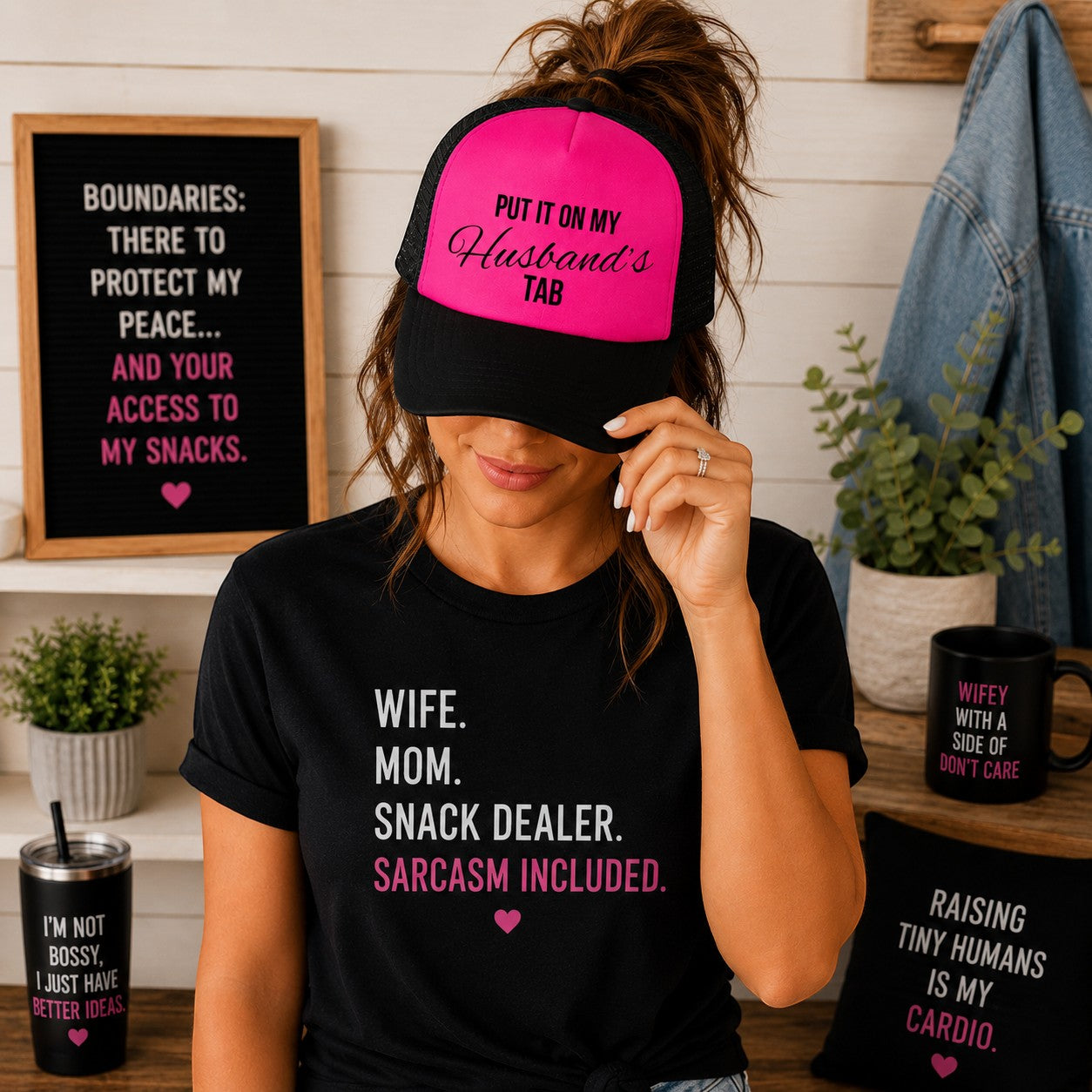 Put It On My Husbands Tab Trucker Hat