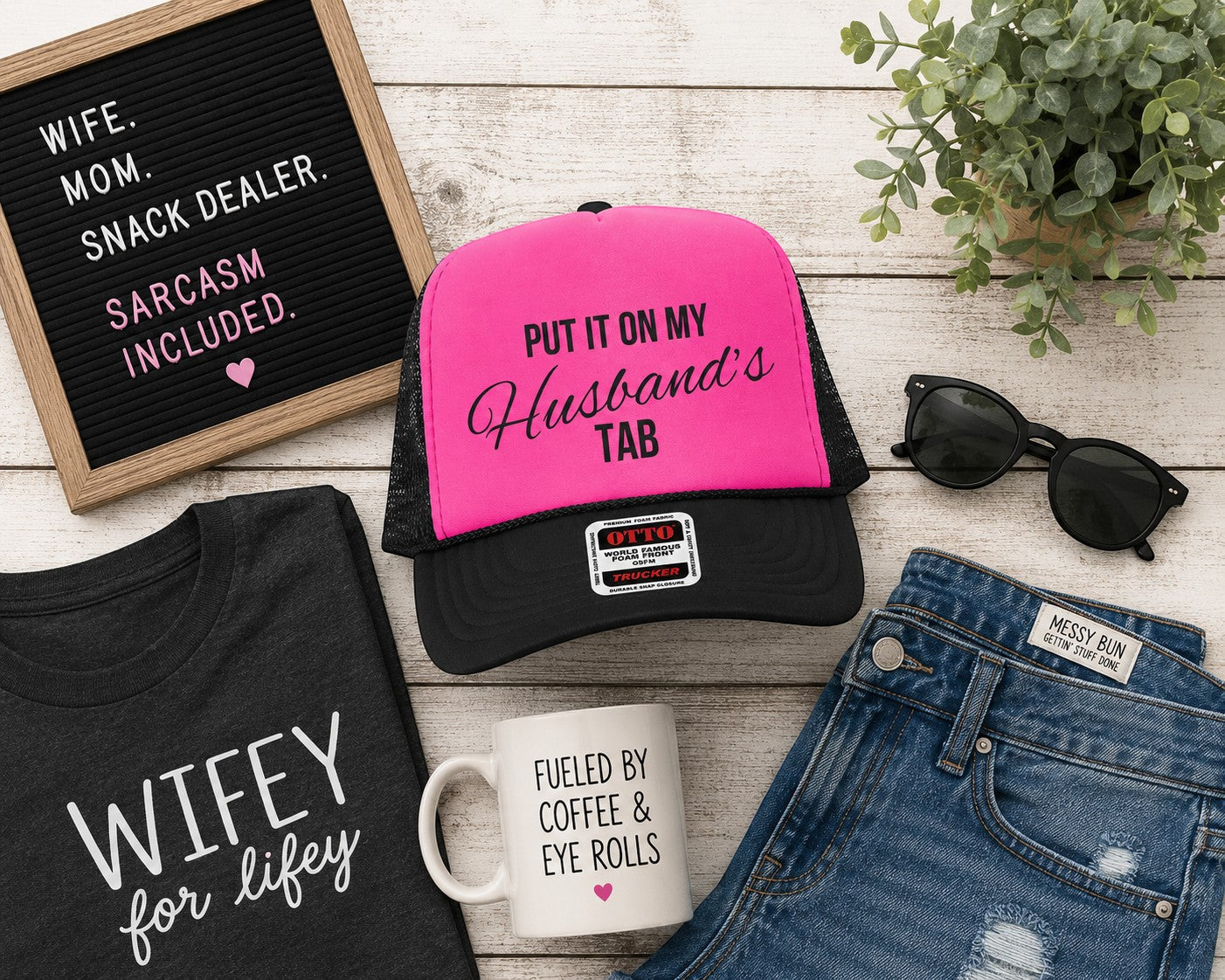 Put It On My Husbands Tab Trucker Hat