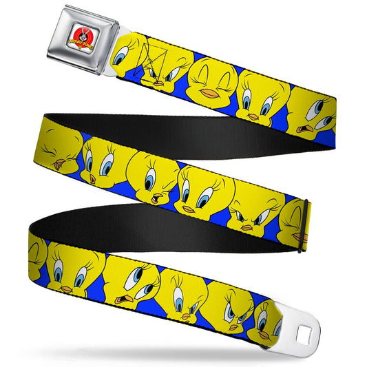 Looney Tunes Logo Full Color White Seatbelt Belt - Tweety Bird CLOSE-UP Expressions Royal Webbing
