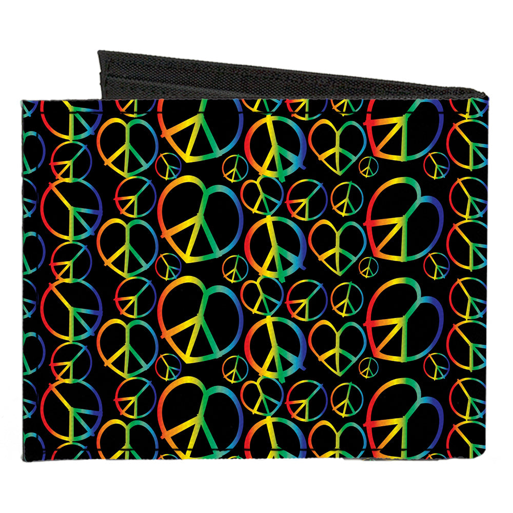 Canvas Bi-Fold Wallet - Peace Heart Black Rainbow Ombre