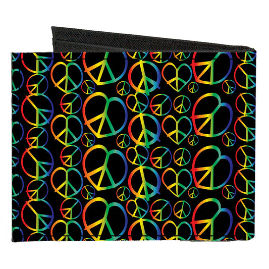 Canvas Bi-Fold Wallet - Peace Heart Black Rainbow Ombre