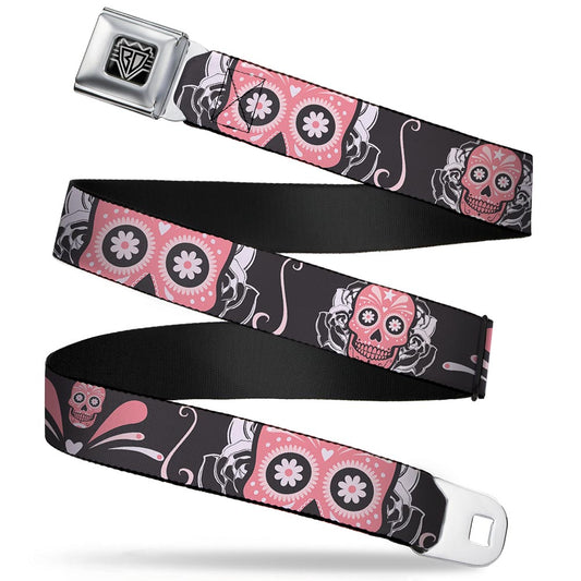 BD Wings Logo CLOSE-UP Full Color Black Silver Seatbelt Belt - Sugar Skulls Gray/Pink Webbing