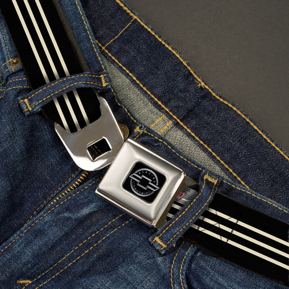 Chevy Seatbelt Belt - Vintage CHEVROLET Bowtie 3-Stripe Black/Ivory (1934 logo) Webbing