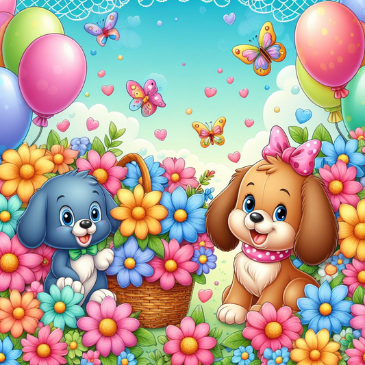  spring colorful flowers, playful puppies, blue sky, colorful butterflies, and balloons.   beautiful diamond art.  