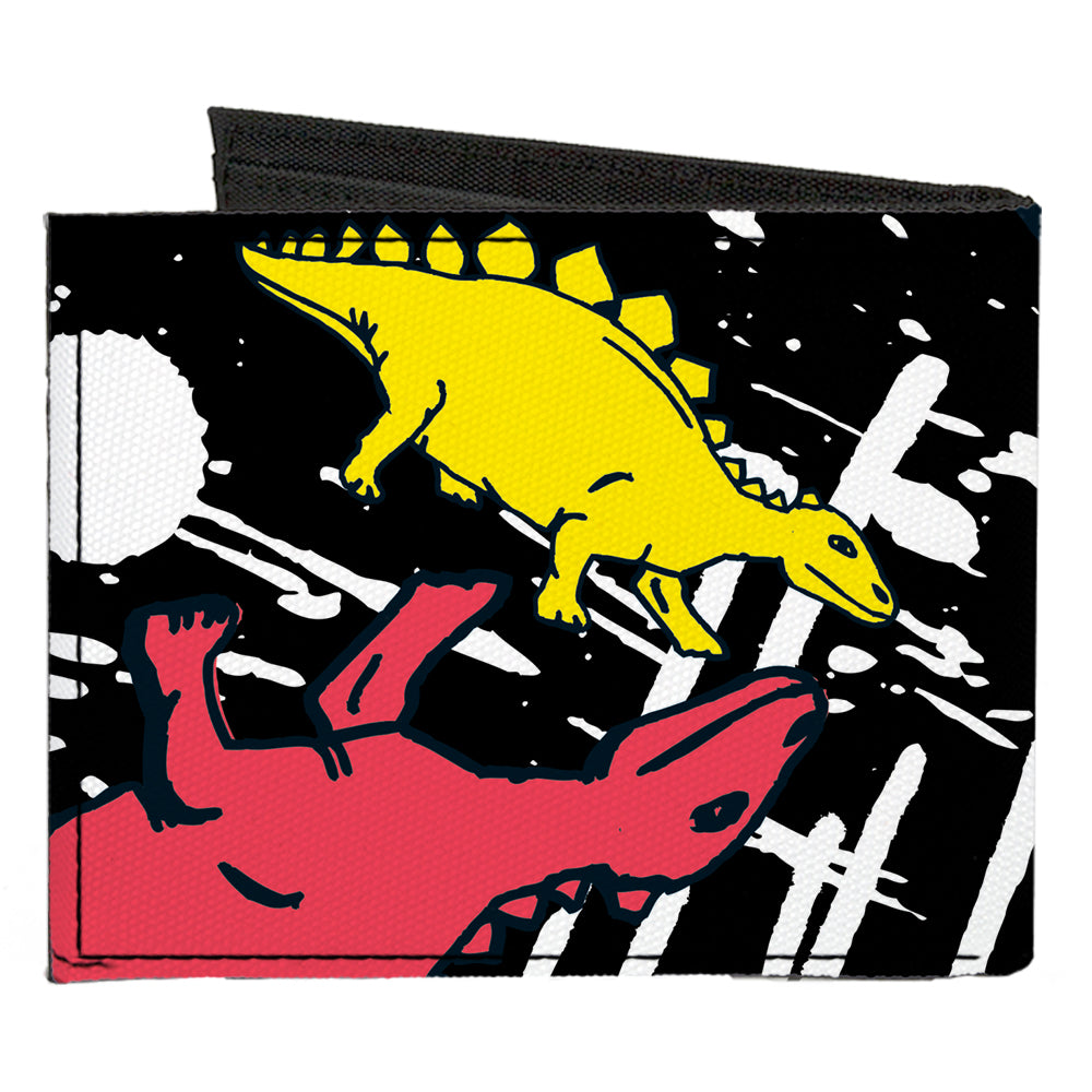Canvas Bi-Fold Wallet - Dinosaurs Paint Splatter Black White Multi Color