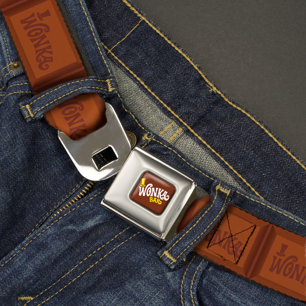 Willy Wonka and the Chocolate Factory WONKA BAR Logo Full Color Brown/Yellow/White Seatbelt Belt - Willy Wonka and the Chocolate Factory WONKA Chocolate Bar Browns Webbing