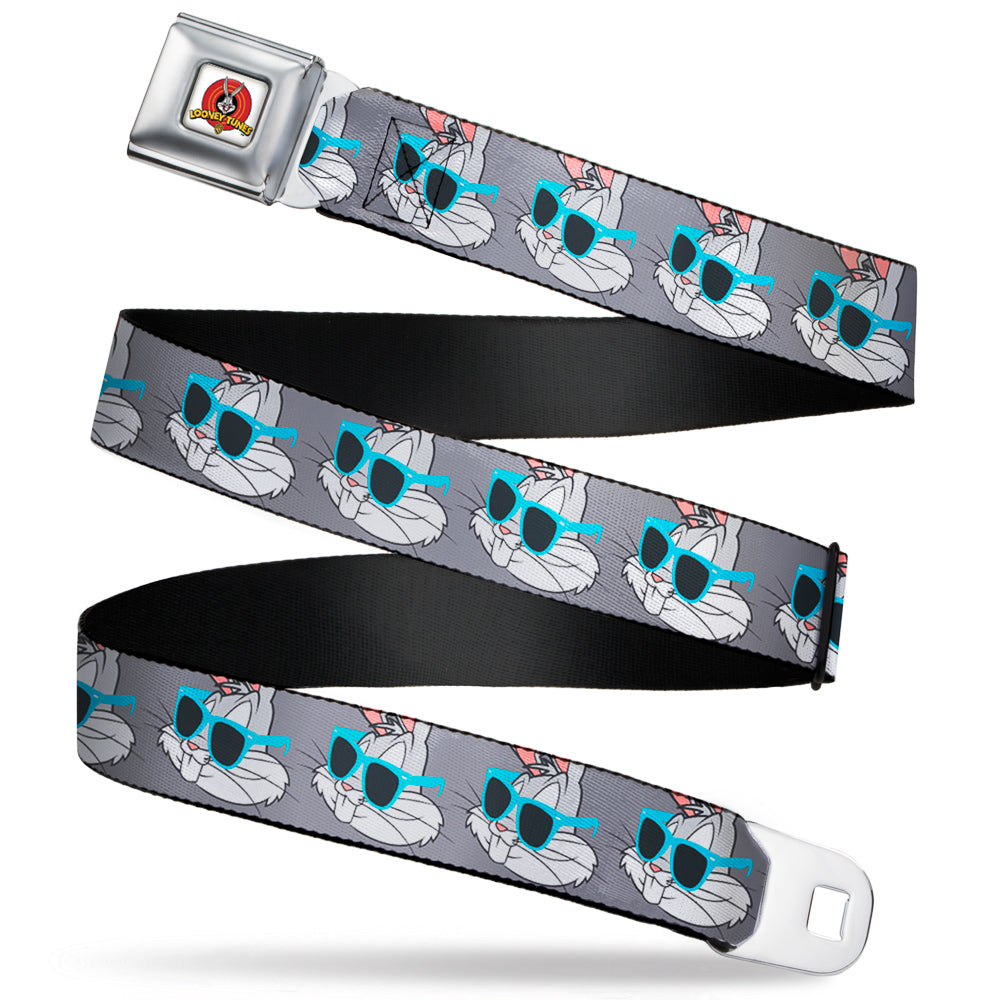 Looney Tunes Logo Full Color White Seatbelt Belt - Bugs Bunny Sunglasses Expression Gray Webbing