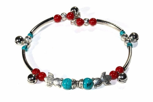 Turquoise Fish Charm Beaded Bracelet Adjustable Boho