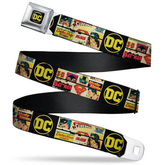 Vintage DC Comics Logo Full Color Black/Yellow Seatbelt Belt - Vintage DC Comics Superhero and Logos Collage Black Webbing