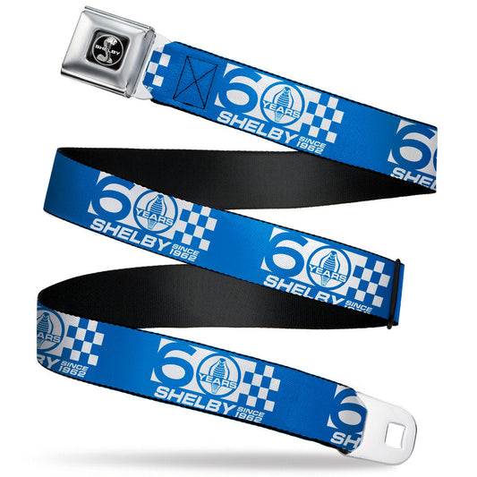 SHELBY Tiffany Split Full Color Black/White Seatbelt Belt - SHELBY 60 YEARS SINCE 1962 Checker Blue/White Webbing