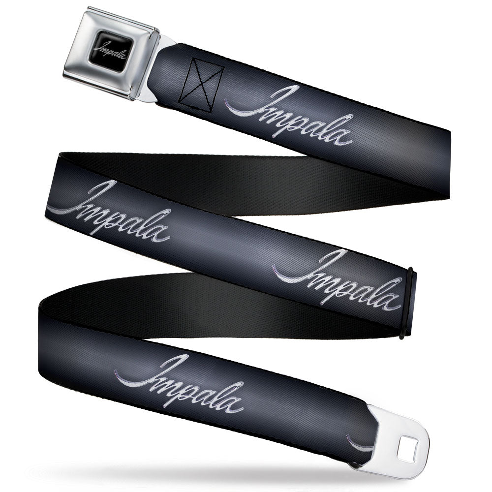 IMPALA Script Emblem Full Color Black Silver Seatbelt Belt - IMPALA Script Emblem Gray Fade/Silver Webbing